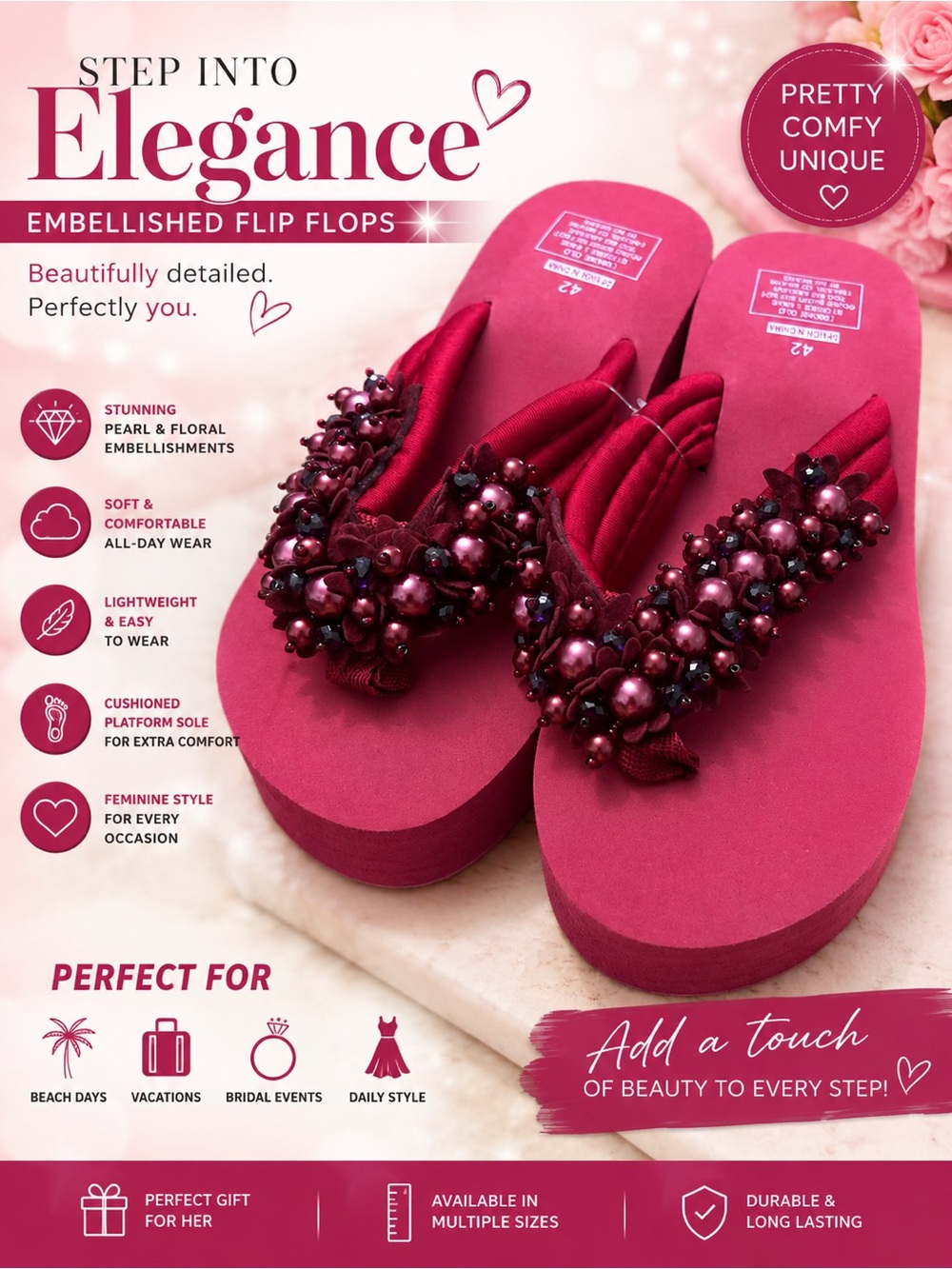 🩷. 7004. Embellished Pink Platform Flip Flops - Women